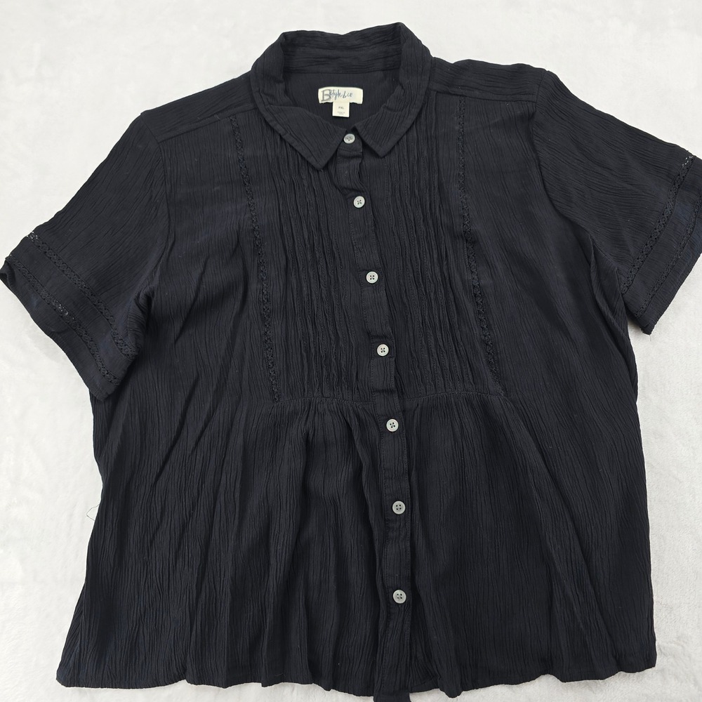 Style & Co Blouse Womens PXL Top Black Crinkle Gauze Lace Trim Button Front